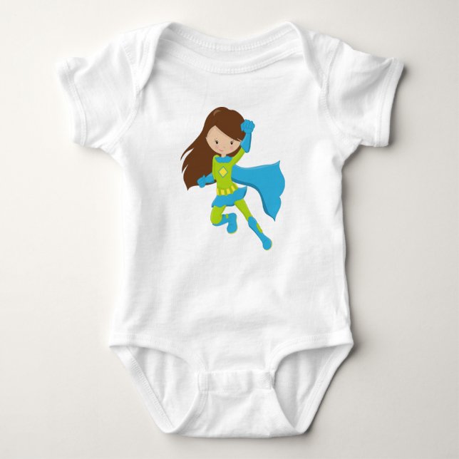 Superhero Girl, Cute Girl, Brown Hair, Blue Cape Baby Bodysuit (Front)