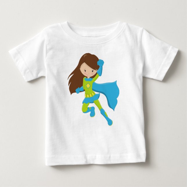 Superhero Girl, Cute Girl, Brown Hair, Blue Cape Baby T-Shirt (Front)