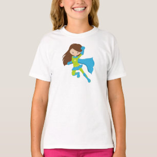 Superhero Girl, Cute Girl, Brown Hair, Blue Cape T-Shirt