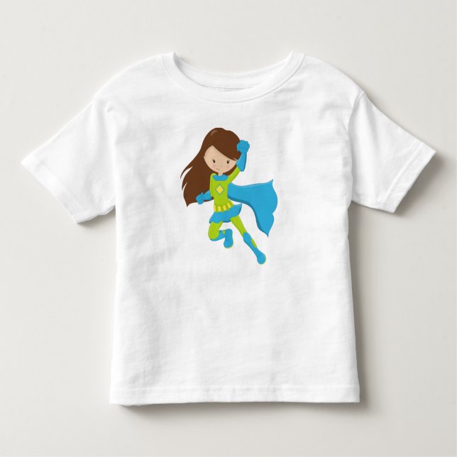 Superhero Girl, Cute Girl, Brown Hair, Blue Cape Toddler T-Shirt (Front)
