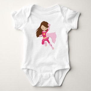 Superhero Girl, Cute Girl, Brown Hair, Pink Cape Baby Bodysuit