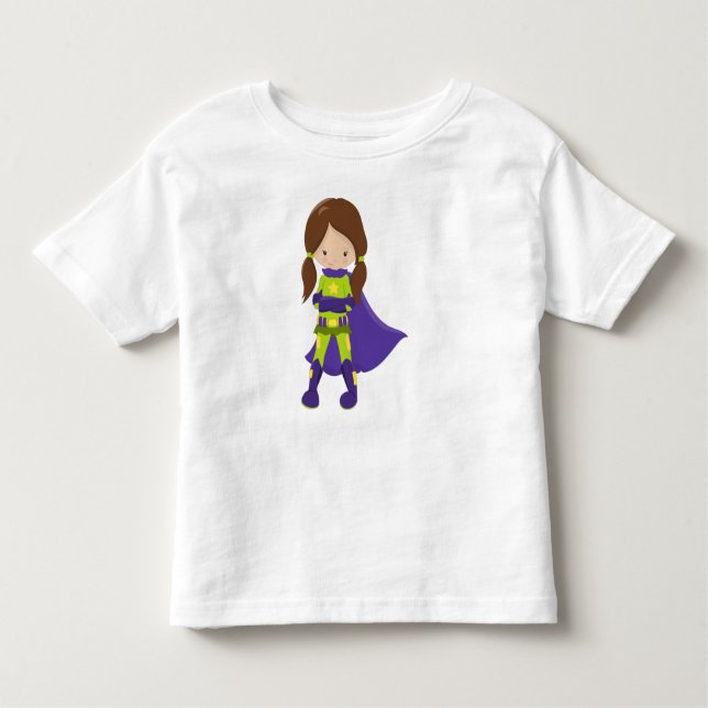 Superhero Girl, Cute Girl, Brown Hair, Purple Cape Toddler T-Shirt (Front)