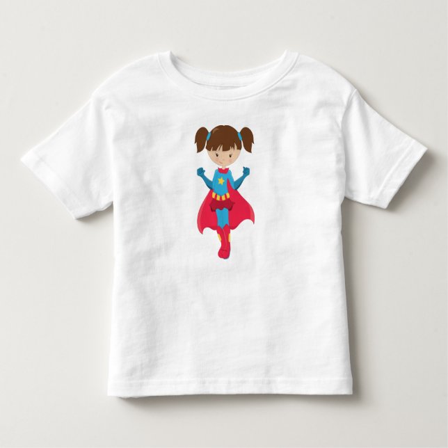 Superhero Girl, Cute Girl, Brown Hair, Red Cape Toddler T-Shirt (Front)