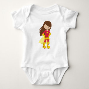 Superhero Girl, Cute Girl, Brown Hair, Red Costume Baby Bodysuit
