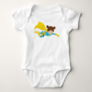 Superhero Girl, Cute Girl, Brown Hair, Yellow Cape Baby Bodysuit