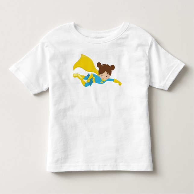 Superhero Girl, Cute Girl, Brown Hair, Yellow Cape Toddler T-Shirt (Front)