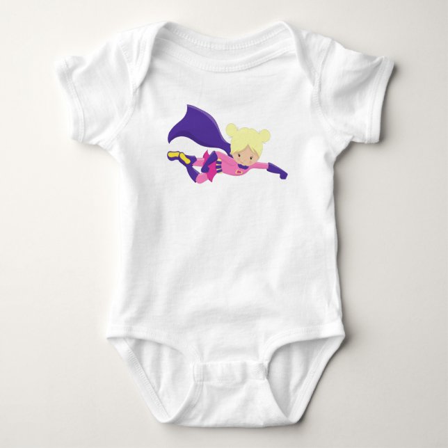 Superhero Girl, Hero, Blonde Hair, Purple Cape Baby Bodysuit (Front)