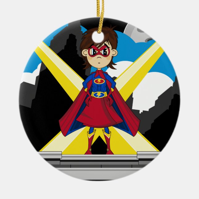 Superhero Girl on Rooftop Ceramic Tree Decoration (Front)