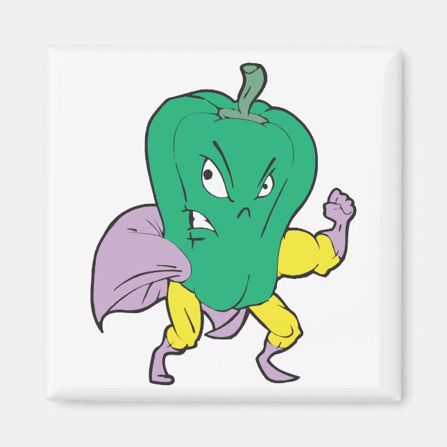 superhero green pepper cartoon character magnet (Front)