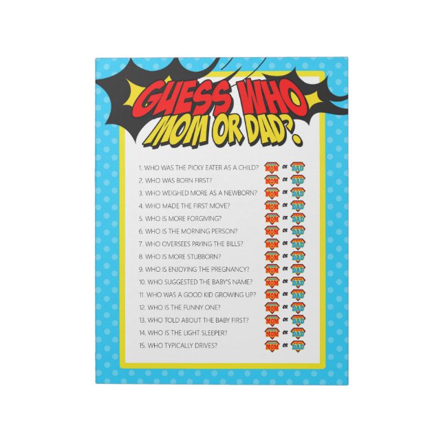 Superhero Guess Who Baby Shower Game Pack Notepad (Rotated)