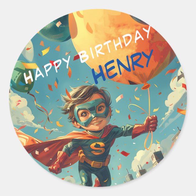 Superhero Happy Birthday Design for Kids Classic Round Sticker (Front)