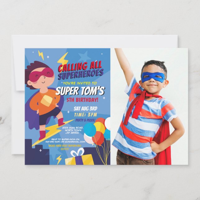Superhero Invitation Boys Blue Photo Super Party (Front)