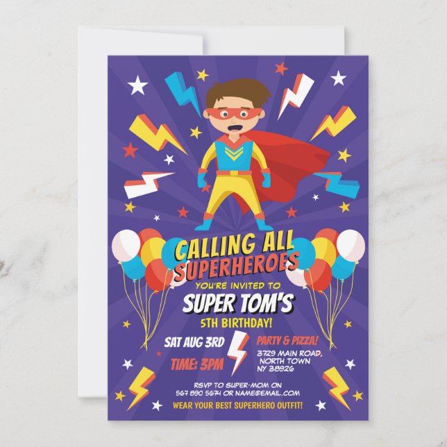 Superhero Invitation Boys Blue Stars Super Party (Front)