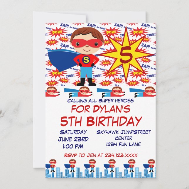 Superhero Kids Birthday Party Invitations for Boys (Front)