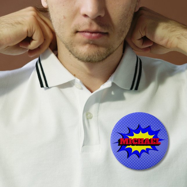 Superhero Kids Comic Book Personalised Name 10 Cm Round Badge (Creator Uploaded)