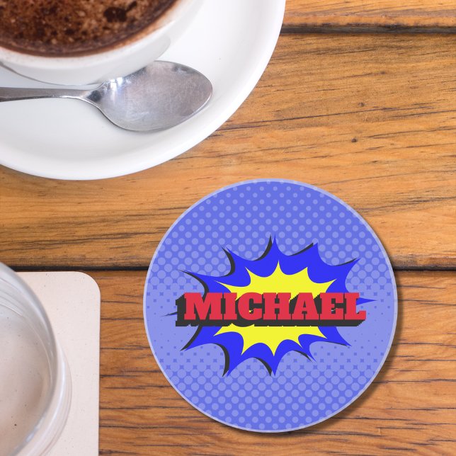 Superhero kids comic book personalised name coaster (Creator Uploaded)