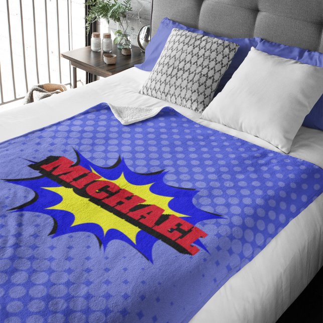 Superhero Kids Comic Book Personalised Name Fleece Blanket (Creator Uploaded)