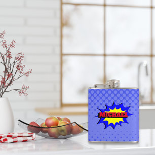 Superhero Kids Comic Book Personalised Name Hip Flask