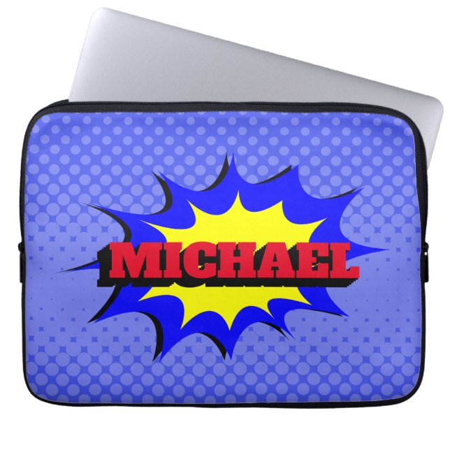 Superhero Kids Comic Book Personalised Name Laptop Sleeve (Front)