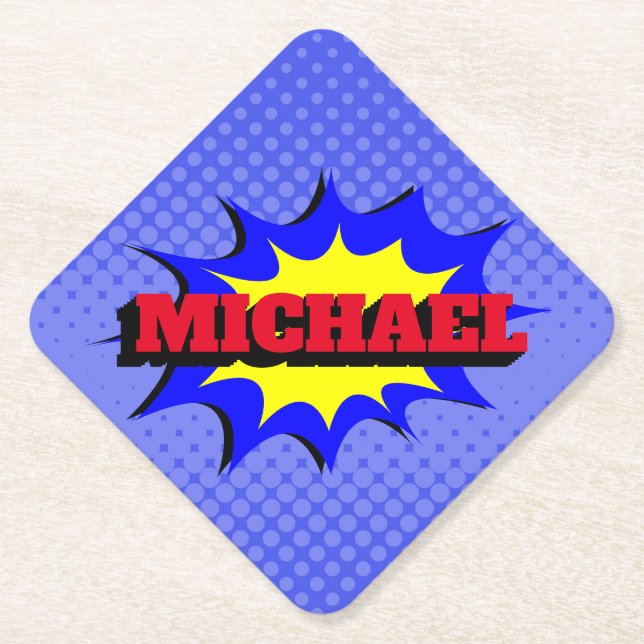 Superhero Kids Comic Book Personalised Name Paper Coaster (Front)
