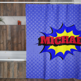 Superhero Kids Comic Book Personalised Name Shower Curtain