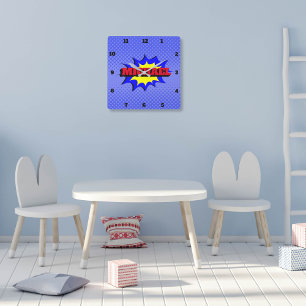 Superhero Kids Comic Book Personalised Name Square Wall Clock