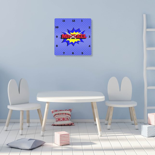 Superhero Kids Comic Book Personalised Name Square Wall Clock (Creator Uploaded)