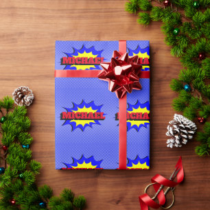 Superhero Kids Comic Book Personalised Name Wrapping Paper