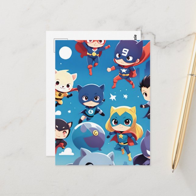 Superhero kids flying high postcard (Front/Back In Situ)
