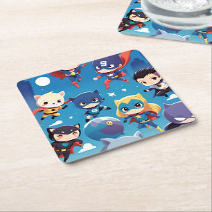 Superhero kids flying high square paper coaster