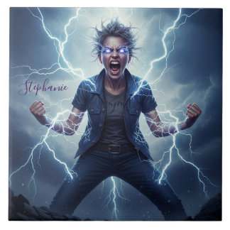 Superhero Lightning Energy Woman  Ceramic Tile