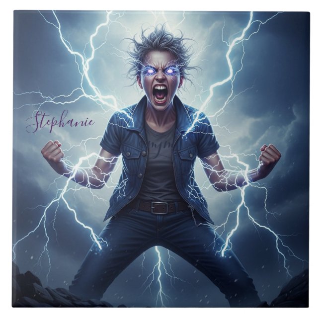 Superhero Lightning Energy Woman  Ceramic Tile (Front)