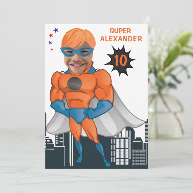 Superhero Muscle Man Orange Greatest Fun Birthday  Invitation (Standing Front)