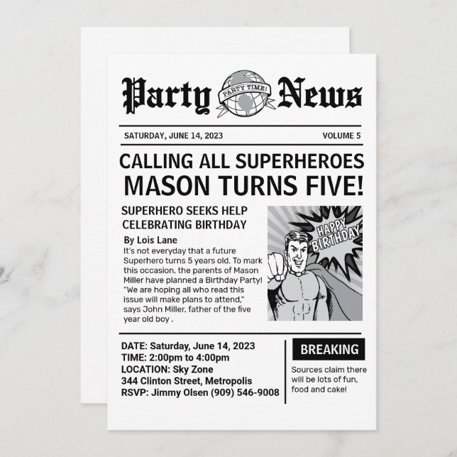 Superhero Newspaper Birthday Invitation (Front/Back)
