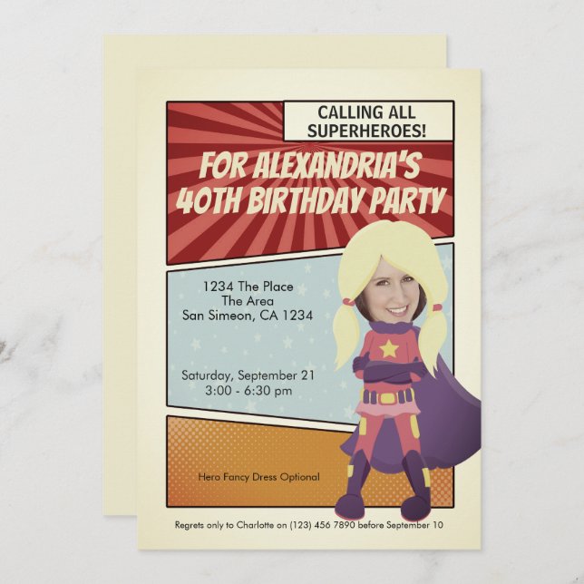 Superhero Old Comic Birthday Party (blonde) Invitation (Front/Back)