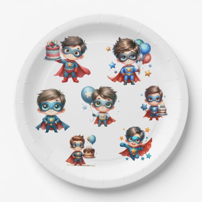 Superhero Paper Plate Boy Birthday Party Tableware (Front)
