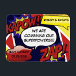 Superhero Parody Save the Date Wedding Magnet<br><div class="desc">A cool,  funny & trendy "Save the Date" wedding magnet.  Bold & vivid colours,  comic art and the message,  "We Are Combining Our Superpowers"  Add date and names.</div>