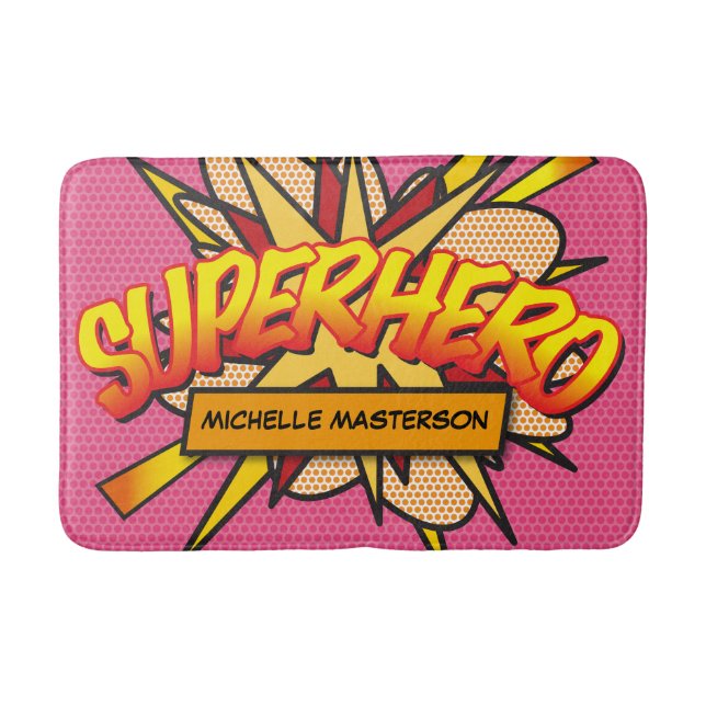 SUPERHERO Personalised Pink Comic Book Fun Bath Mat (Front)