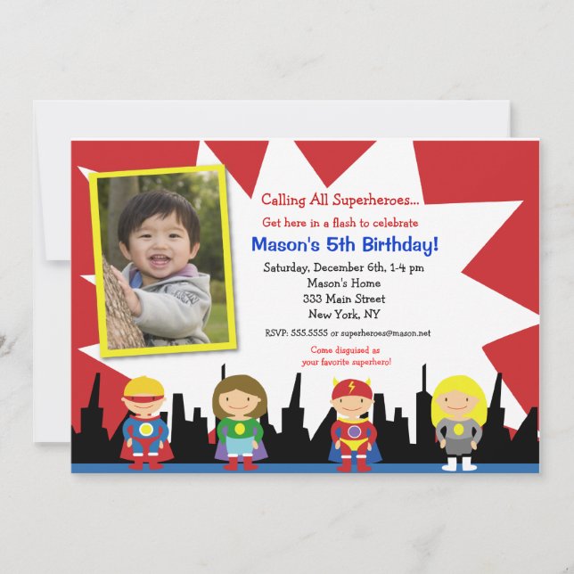 Superhero Photo Birthday Party Invitations (Front)