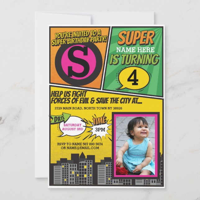 Superhero Pink Girl's Invitation Super Hero Invite (Front)