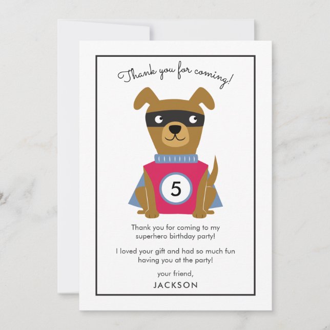 Superhero Puppy Birthday Party Kids Thank You Card (Front)