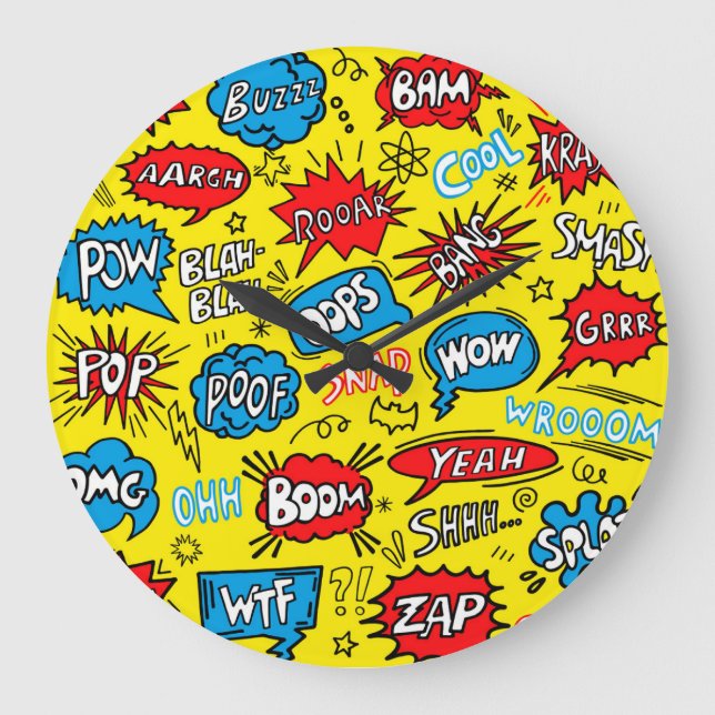 Superhero Saga: Cute Comic Patterns Large Clock (Front)