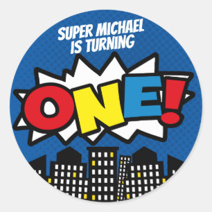 Superhero Stickers, Birthday Party Decor, BLUE Classic Round Sticker