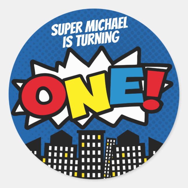 Superhero Stickers, Birthday Party Decor, BLUE Classic Round Sticker (Front)