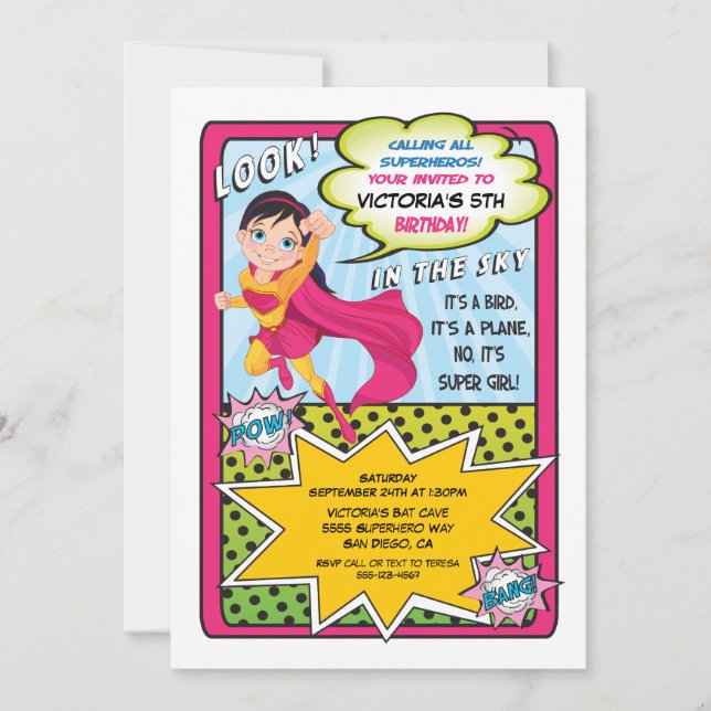 Superhero Super Girl Comic book Invitations (Front)