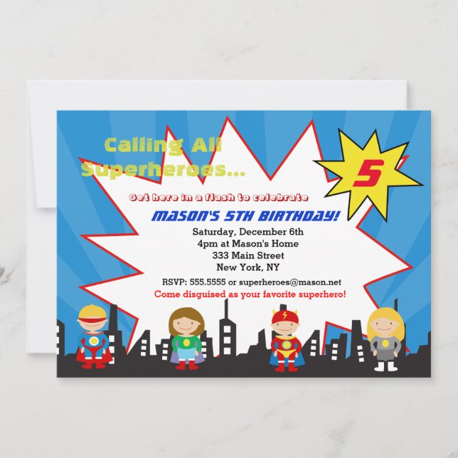 Superhero Super Hero Birthday Party Invitations (Front)