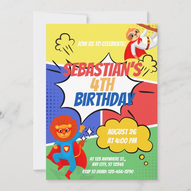 Superhero Theme Kids Birthday Party Invitation (Front)