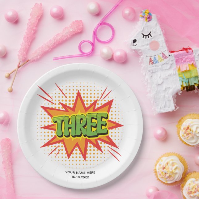 Superhero Theme Text Elegant kids 3rd Birthday Paper Plate (Party)
