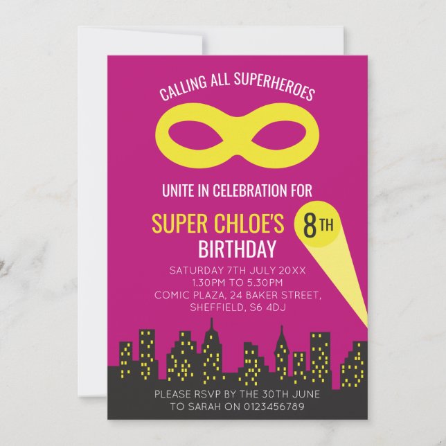Superhero themed birthday party invitation (Front)