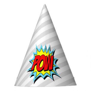 Superhero Themed Pow - Grey Stripe Party Hat